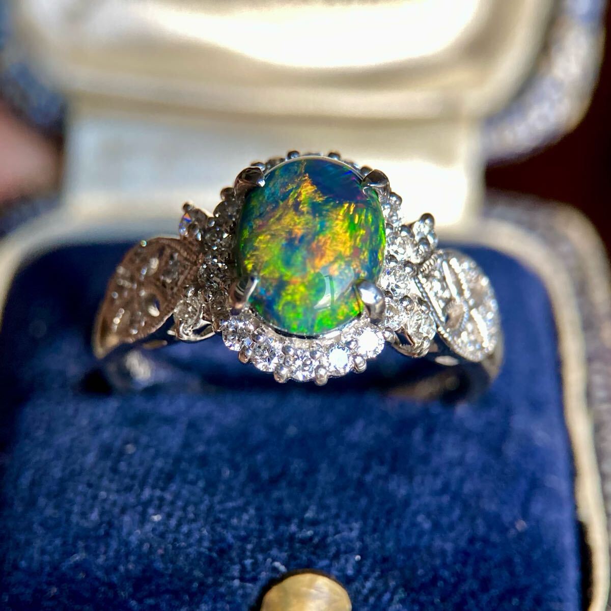 pt900 натуральный black opal 1.03ct бриллиант 0.35ct кольцо кольцо 