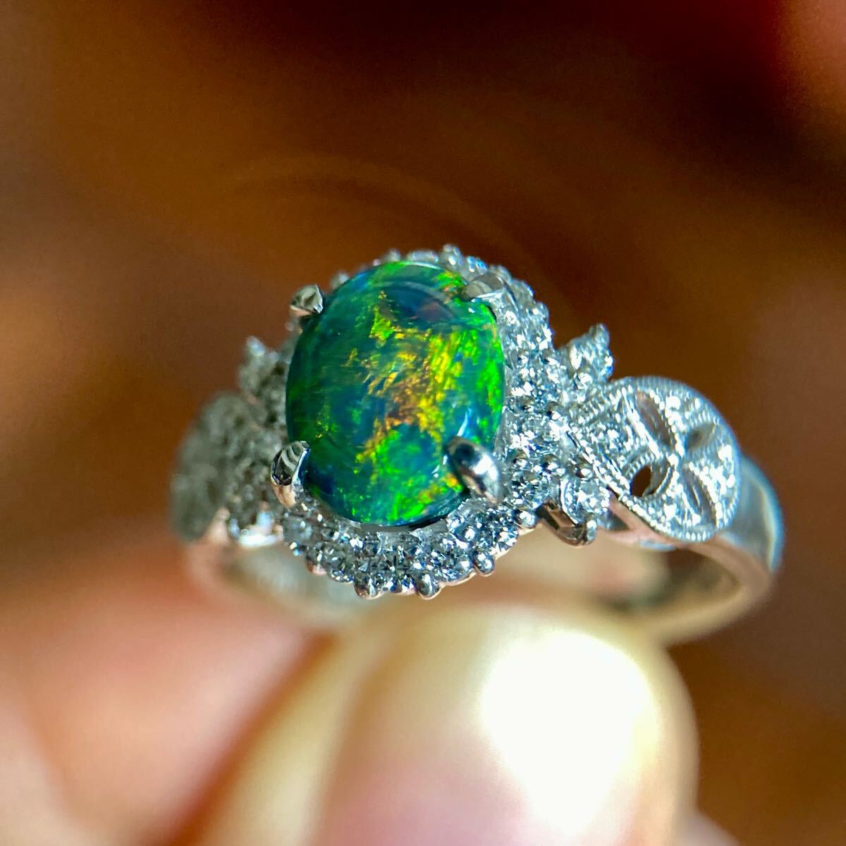 pt900 натуральный black opal 1.03ct бриллиант 0.35ct кольцо кольцо 
