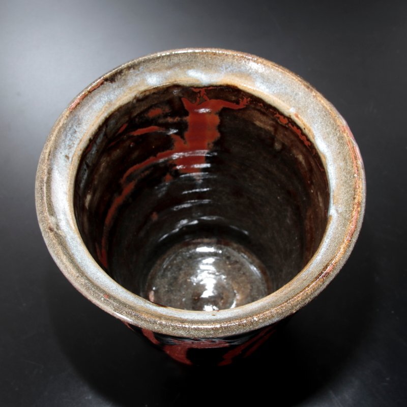古美味】人間国宝 浜田庄司 掛分黒釉指描水指 茶道具 保証品