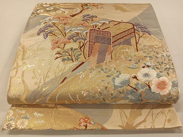 平和屋着物◎六通柄袋帯 唐織 扇面に梅林図 純金箔 24K 正絹 平和屋着物◎六通柄袋帯 唐織 扇面に梅林図 純金箔 24K 正絹