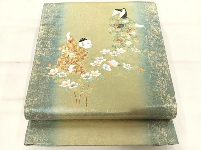 【超ポイントバック祭】 童子花文 螺鈿 平和屋着物◎太鼓柄袋帯 金彩 逸品 正絹 引箔 着物・浴衣