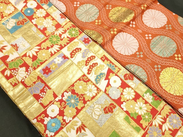 平和屋本店■1円 子供帯 まとめて 35點(diǎn) 向かい鶴 折り鶴 向かい蝶 花柄 七寶 アンティーク 壽字 金銀纟 など 未使用品あり se2800