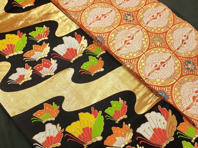 平和屋本店■1円 子供帯 まとめて 35點(diǎn) 向かい鶴 折り鶴 向かい蝶 花柄 七寶 アンティーク 壽字 金銀纟 など 未使用品あり se2800