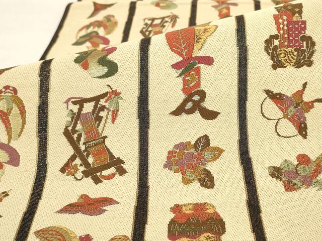 平和屋着物○六通柄袋帯 螺鈿錦 文字入り四季文 金糸 正絹 逸品 平和屋着物○六通柄袋帯 螺鈿錦 文字入り四季文 金糸 正絹 逸品