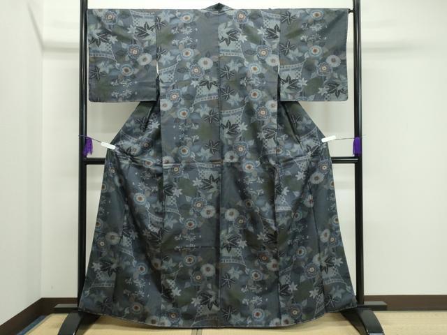 平和屋着物■本場大島紬　7マルキ　幾何学花文　逸品　未使用　BAAK3608gt