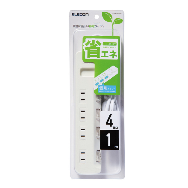 個(gè)別スイッチ付省エネタップ 1.0m 4個(gè)口タイプ 接続機(jī)器ごとにON/OFFでき、待機(jī)電力を個(gè)別に節(jié)約できる個(gè)別スイッチ付: T-E5A-2410WH