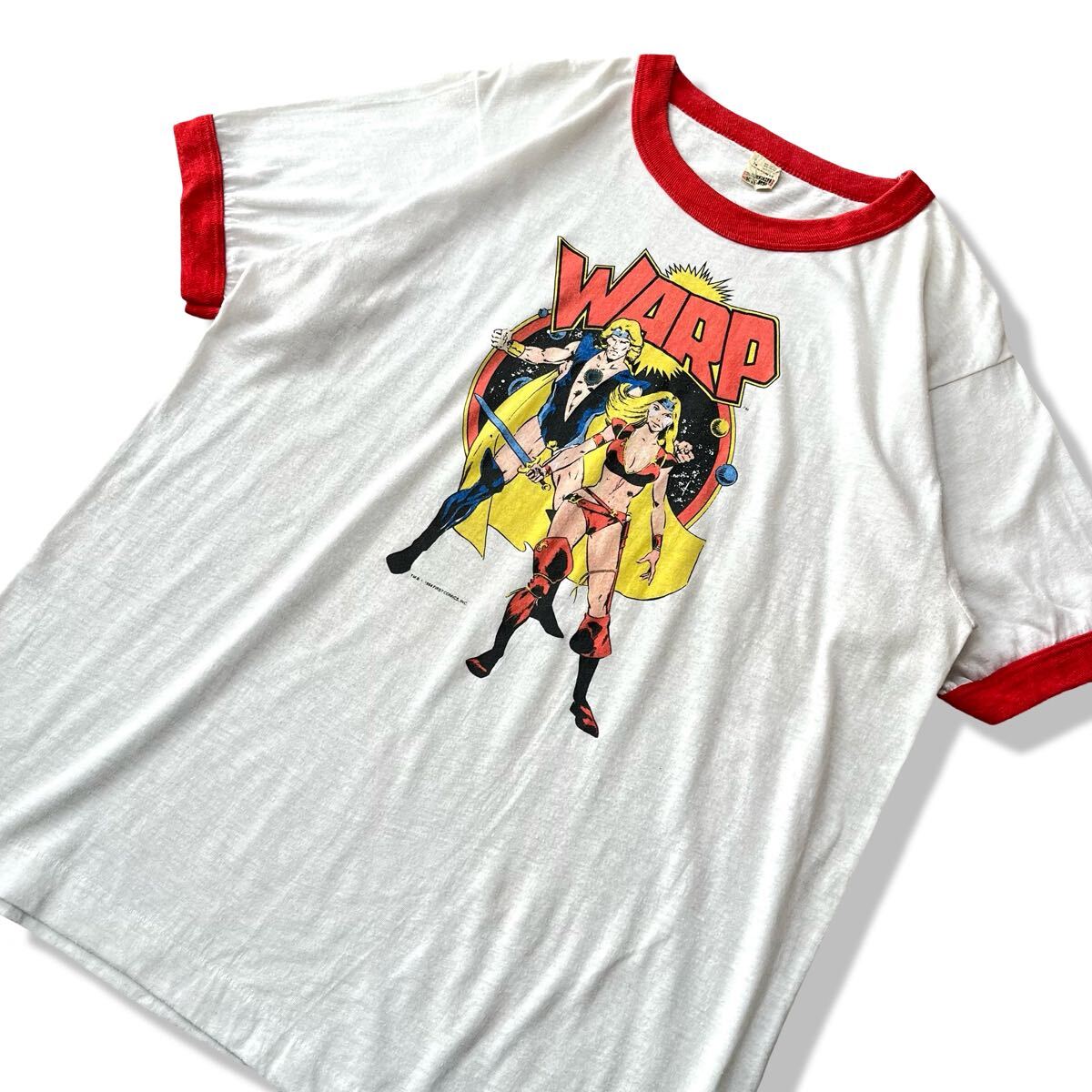 【ヴィンテージ】80s USA製 WARP(ワープ) アメコミ 漫画 リンガーTシャツ L スクリーンスターズ シングルステッチ 半袖 ビンテージTシャツ