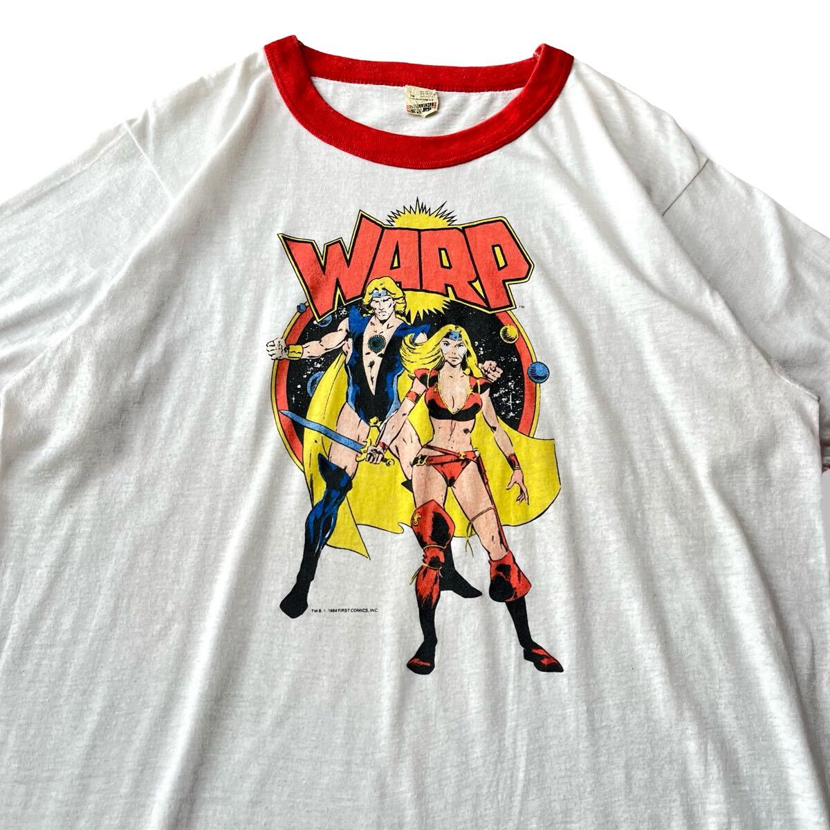 【ヴィンテージ】80s USA製 WARP(ワープ) アメコミ 漫画 リンガーTシャツ L スクリーンスターズ シングルステッチ 半袖 ビンテージTシャツ