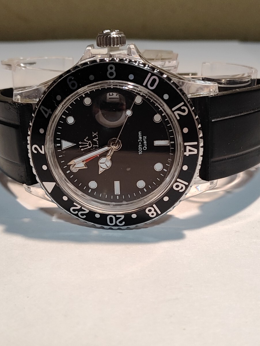 RELAX リラックス 王冠ロゴ 腕時計 GMT 黒/黒 世田谷ベース　カスタム RELAX 王冠ロゴ GMT 24H回転ベゼル 世田谷ベース 所ジョージ
