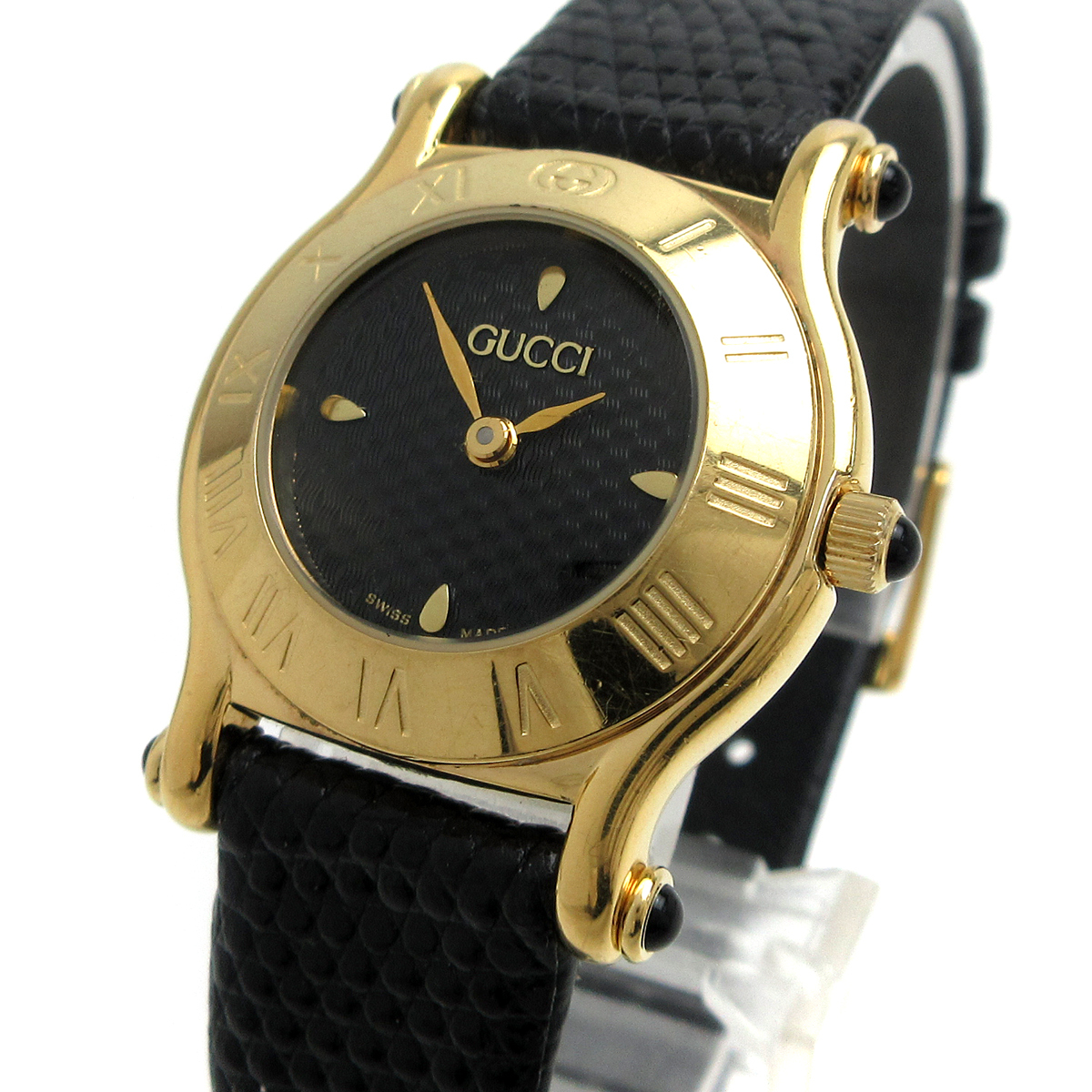 グッチ 時計 ゴールド レディース 革 黒文字盤 6500L GUCCI 婦人 クォーツ 箱 オールドグッチ 稼動品 ヴィンテージ