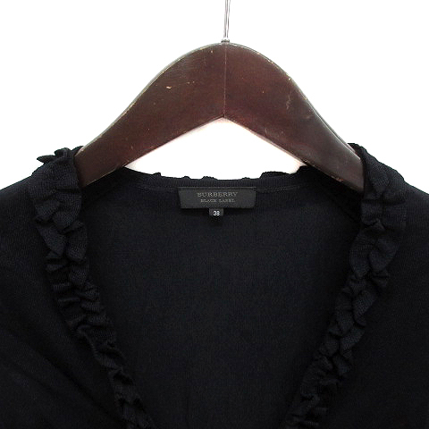 バーバリーブラックレーベル BURBERRY BLACK LABEL シアー ニット ボレロ カーディガン フリル 長(zhǎng)袖 ネイビー 紺 38 レディース