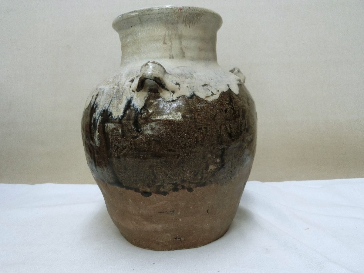 【ご予約品】 釉薬飾り栄え!【唐津壺 斑唐津3耳壺 釉薬の流れ景色 内側波 花器、壷