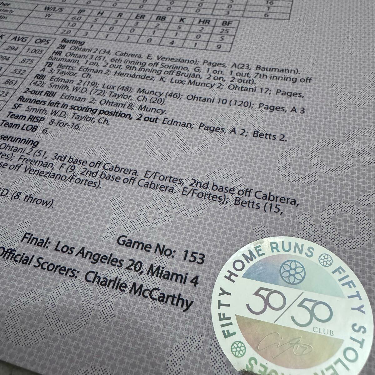 非売品 大谷翔平 ドジャース 50/50達成試合 MLB公式記録 スコア 非売品 大谷翔平 ドジャース 50/50達成試合 MLB公式記録 スコア