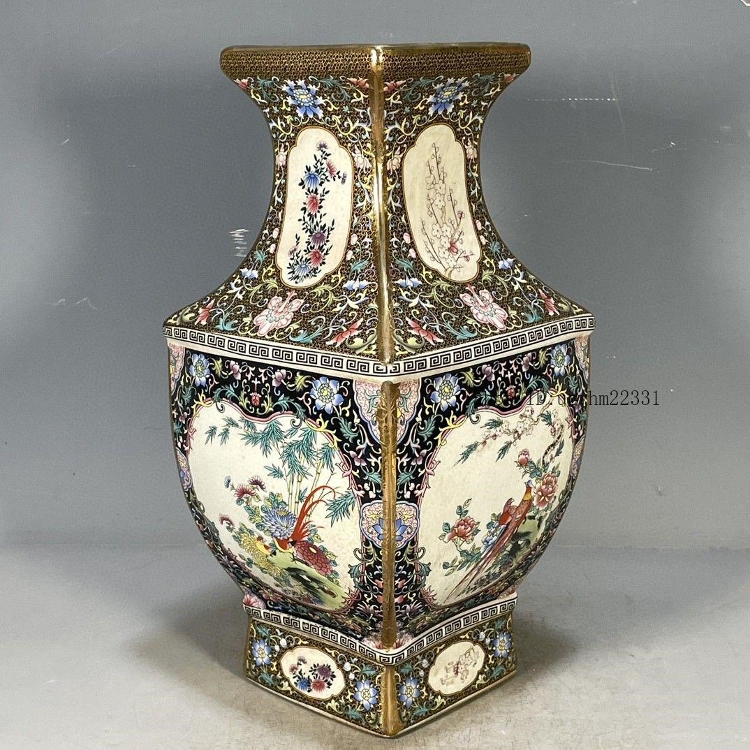 清乾隆琺瑯彩花鳥図紋四方賞瓶 景徳鎮 陶磁器 装飾品