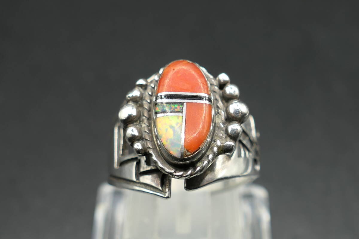 未使用　9号　ズニ　LP刻印　コーラル　オパール　インレイ　リング　指輪_画像1