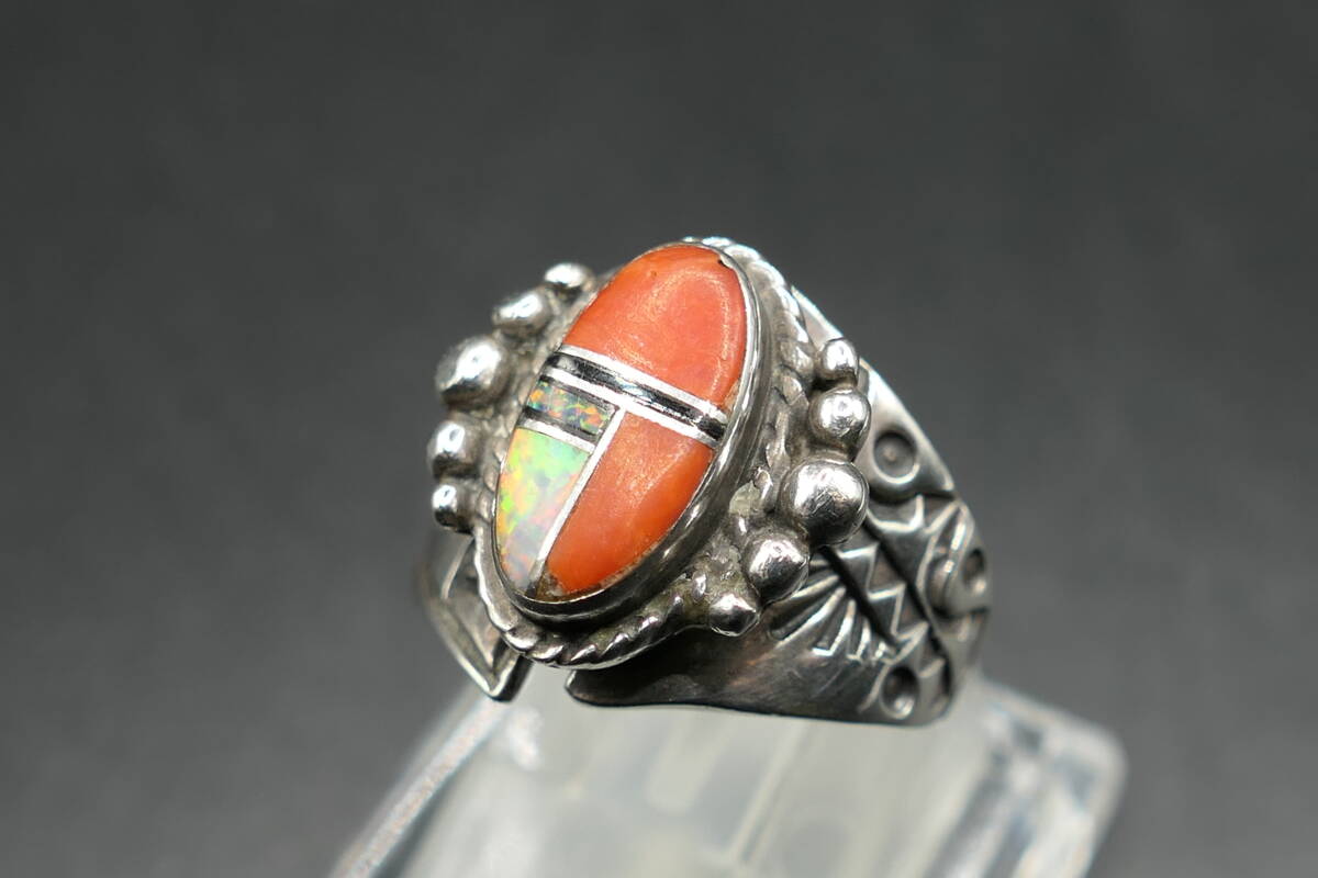 未使用　9号　ズニ　LP刻印　コーラル　オパール　インレイ　リング　指輪_画像2