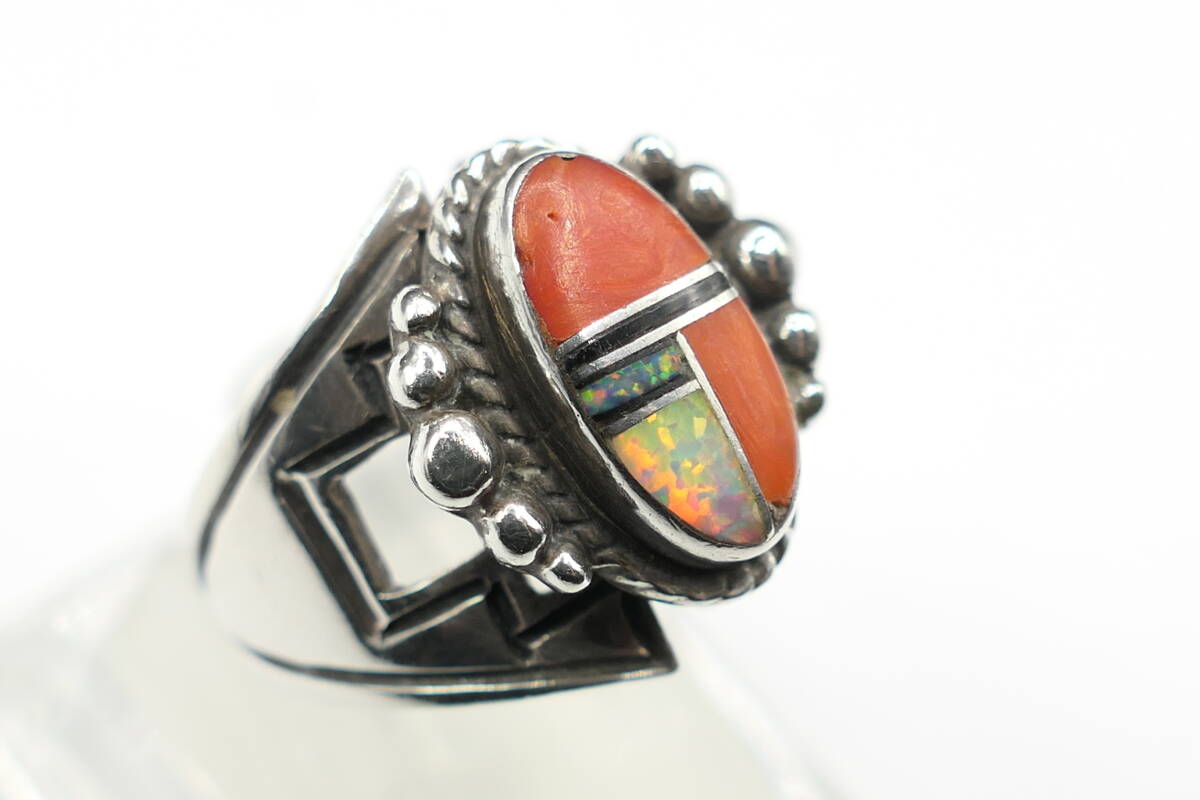 未使用　9号　ズニ　LP刻印　コーラル　オパール　インレイ　リング　指輪_画像3