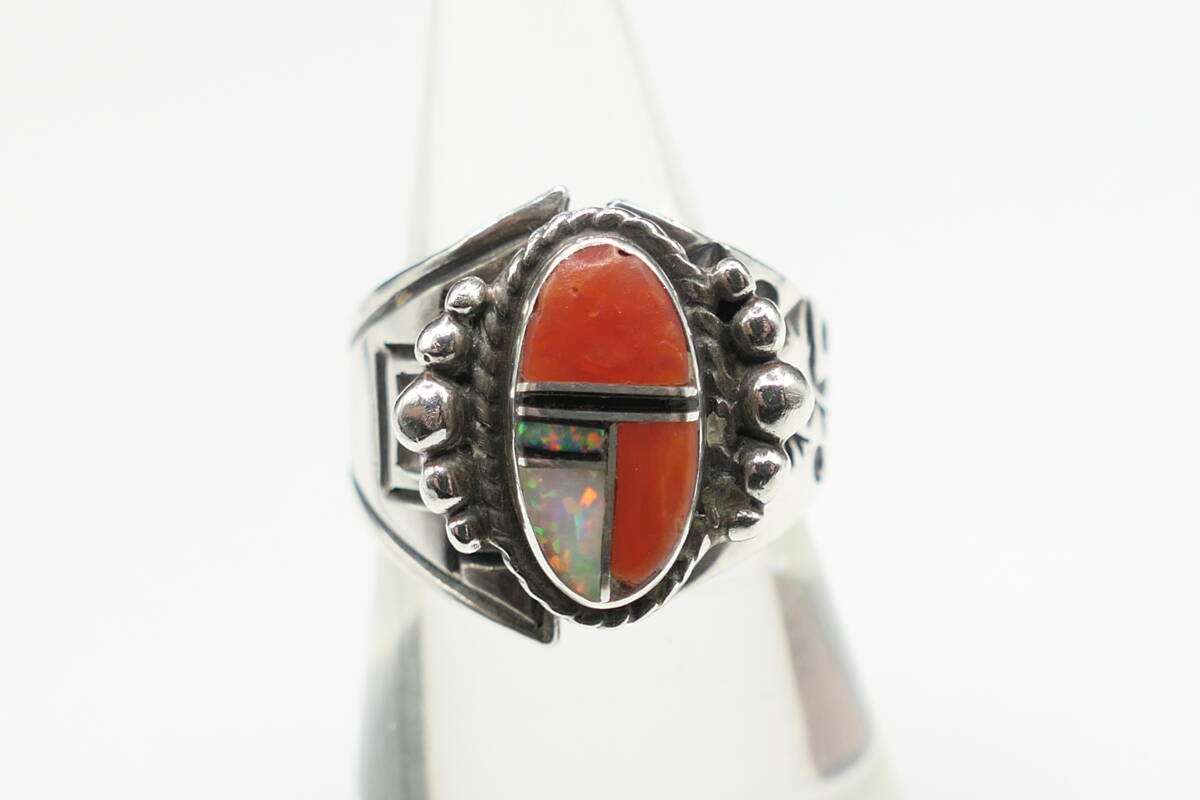 未使用　9号　ズニ　LP刻印　コーラル　オパール　インレイ　リング　指輪_画像4
