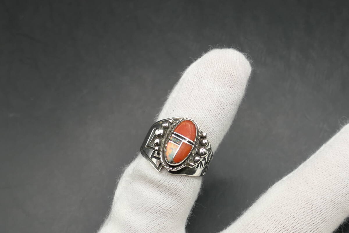 未使用　9号　ズニ　LP刻印　コーラル　オパール　インレイ　リング　指輪_画像9