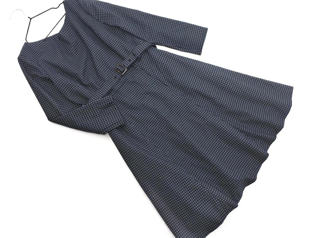 NATURAL BEAUTY BASIC ナチュラルビューティーベーシック ベルト 付き チェック ワンピース sizeS/紺 ■◇ ☆ fba4 レディース