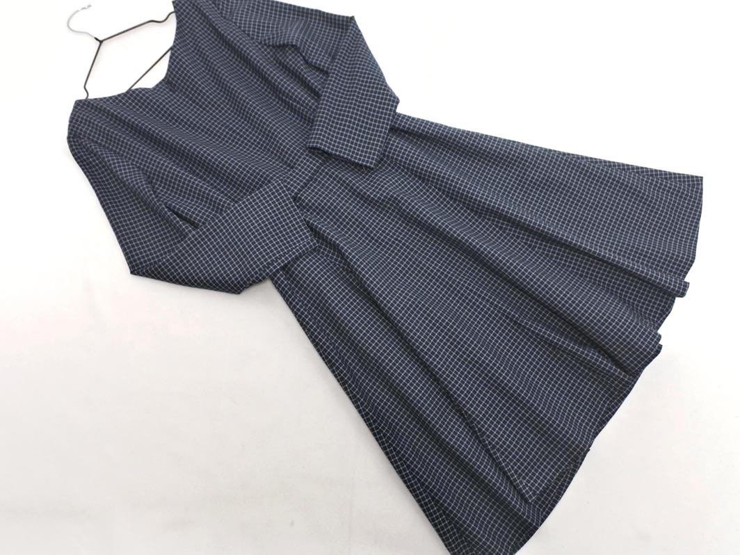 NATURAL BEAUTY BASIC ナチュラルビューティーベーシック ベルト 付き チェック ワンピース sizeS/紺 ■◇ ☆ fba4 レディース