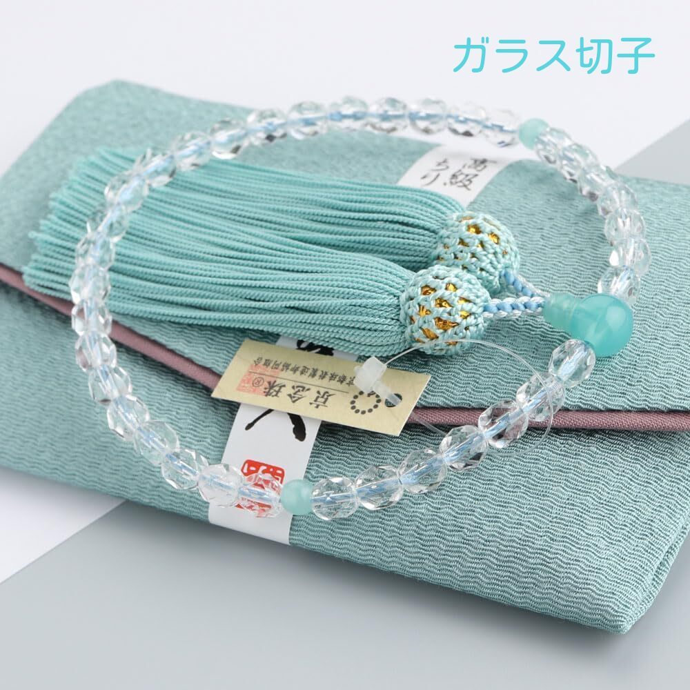 女性用　女性用　約6×7mm　ガラス切子　人絹房（青磁色房）　數(shù)珠袋付