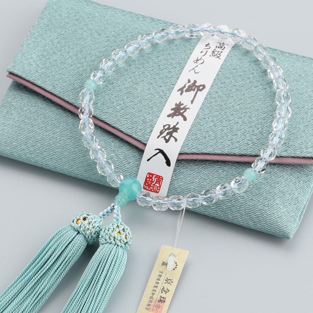 女性用　女性用　約6×7mm　ガラス切子　人絹房（青磁色房）　數(shù)珠袋付