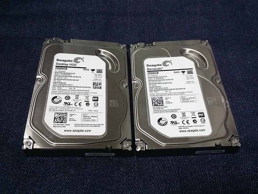 即決 SEAGATE製 3.5インチ SATAハードディスク(HDD) ST2000DM001 2TB(2000GB) 2台セット(合計4TB) 動作確認済 正常判定品 データ消去済
