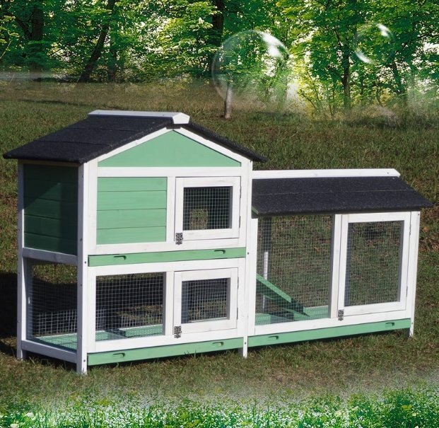 アパートメント 屋外二層木制チキン小屋 フラット換気ドアと取り外し可能なトレイ付きの小動(dòng)物ペットハウス家禽用飼育ケージ グレー