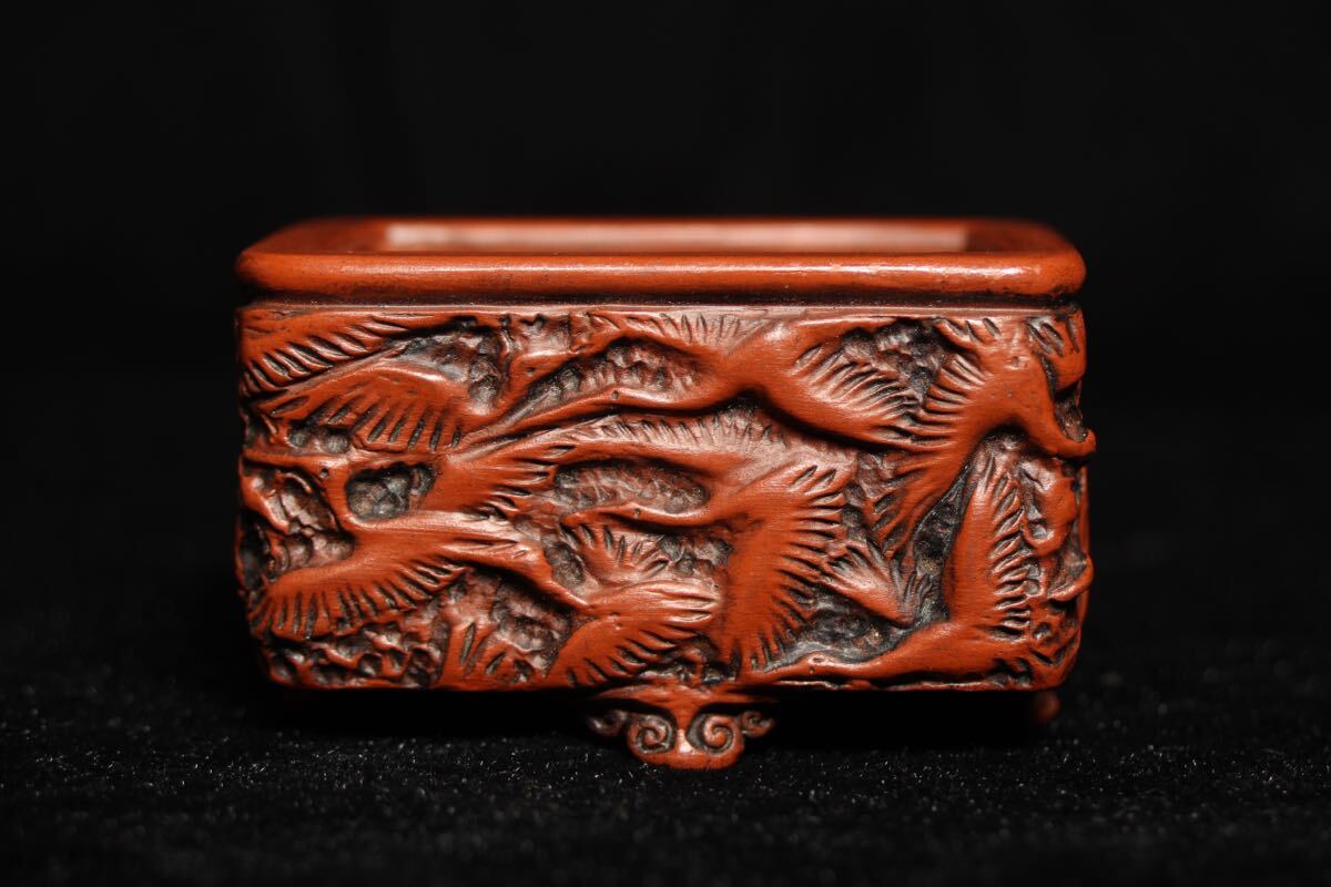 駿河山正 浮彫 鶴 盆栽鉢 植木鉢 小品盆栽 (Aa72Or0219R0702094 駿河山正 浮彫 鶴 盆栽鉢 植木鉢 小品盆栽 (Aa72Or0219R0702094