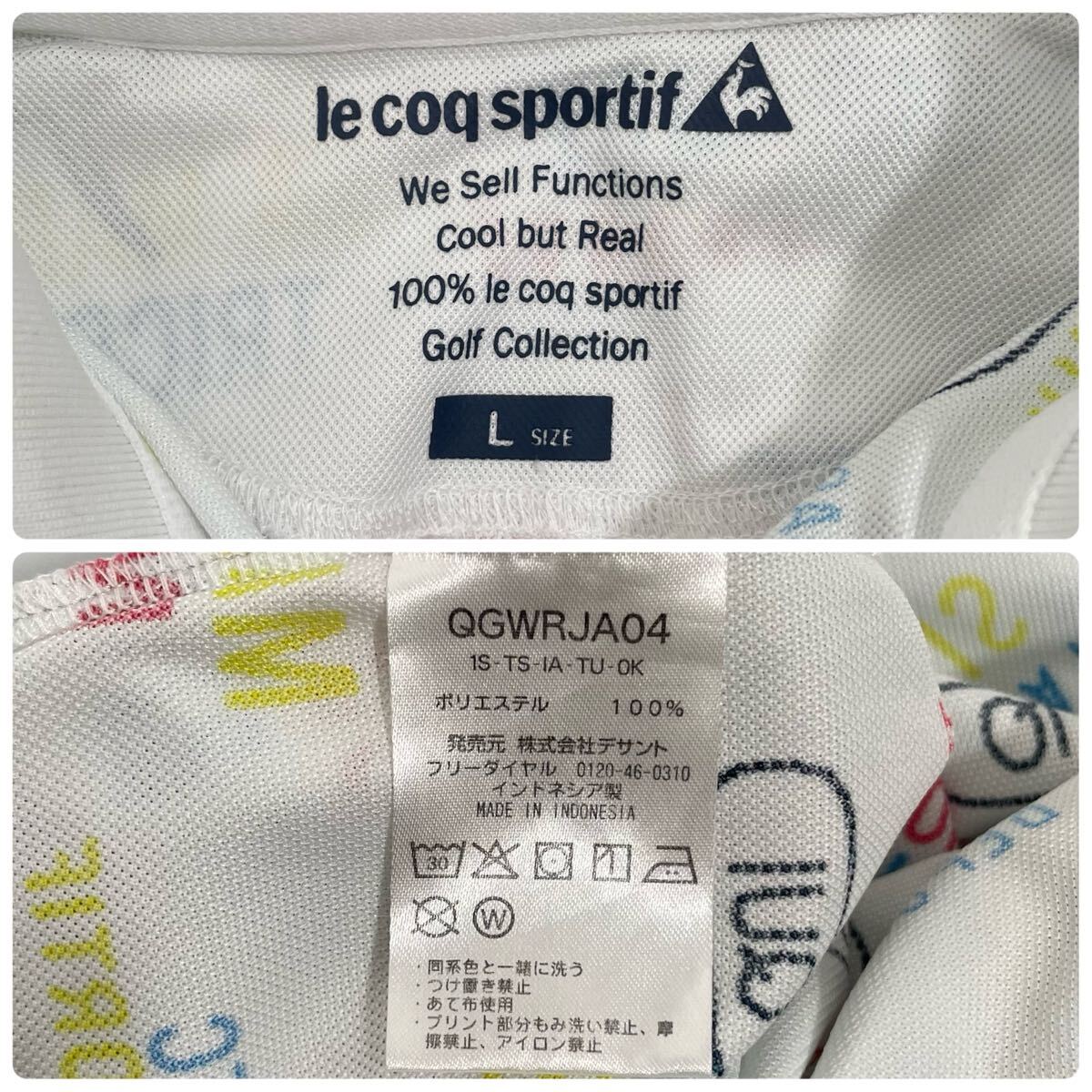 21ss le coq sportif Golf Collection ルコック レディースL ホワイト 半袖 ポロシャツ 総柄 プリント ゴルフウェア スポーツウェア