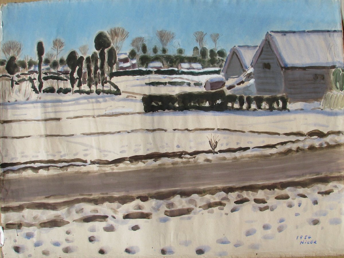 仁戸田秀吉「雪景　石神井」約20号大,水彩,第13回水彩連盟展出品,1954年作 仁戸田秀吉「雪景 石神井」約20号大，水彩，第13回水彩連盟展