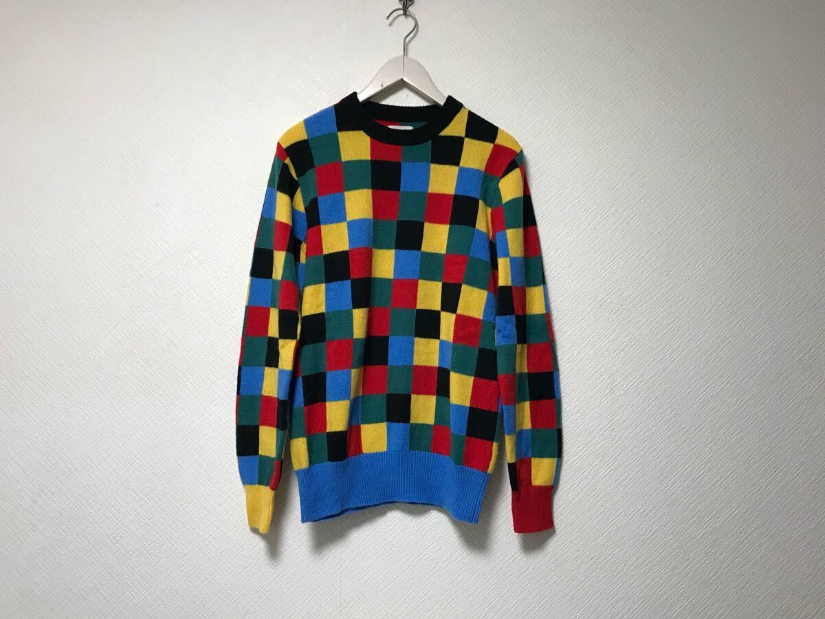 本物ビームスBEAMSカラフルブロックチェック柄ウールニット長袖セーターメンズサーフミリタリーアメカジビジネススーツゴルフ青赤イエローM_画像1