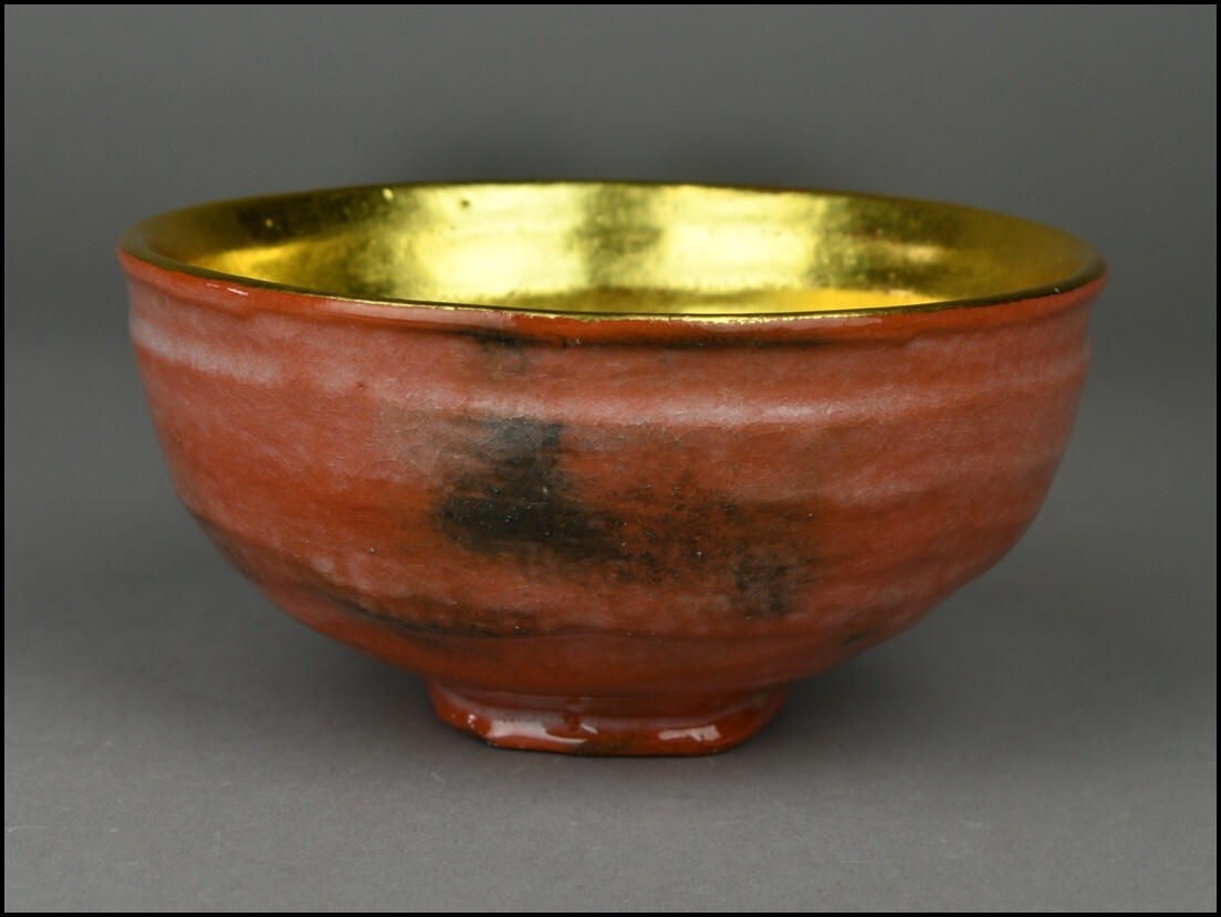 楽焼【佐々木松楽】赤楽 嶋台茶碗 金銀一双 共布 共箱 茶道具 UM25-0214_画像2