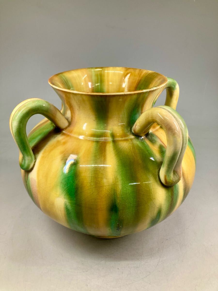 秀山作 三彩焼 四耳花瓶 四耳壷 四耳壺 花瓶 花器 花入 飾壺 秀山作 三彩焼 四耳花瓶 四耳壷 四耳壺 花瓶 花器 花入 飾壺