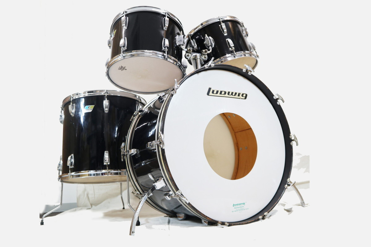 VINTAGE LUDWIG 70年代 4點(diǎn)Set w/Tホルダー24x14BD、13x9TT、14x10TT、18x16FT Black Cortex