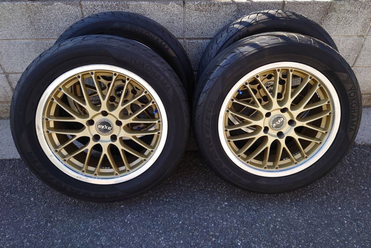 即決送料無料!! BBS LM風 GOLD メッシュアルミとバリ溝(2本未使用)タイヤ4本セット HINODEX axia YOKOHAMA ADVAN FLEVA V701 235/55R18_画像1