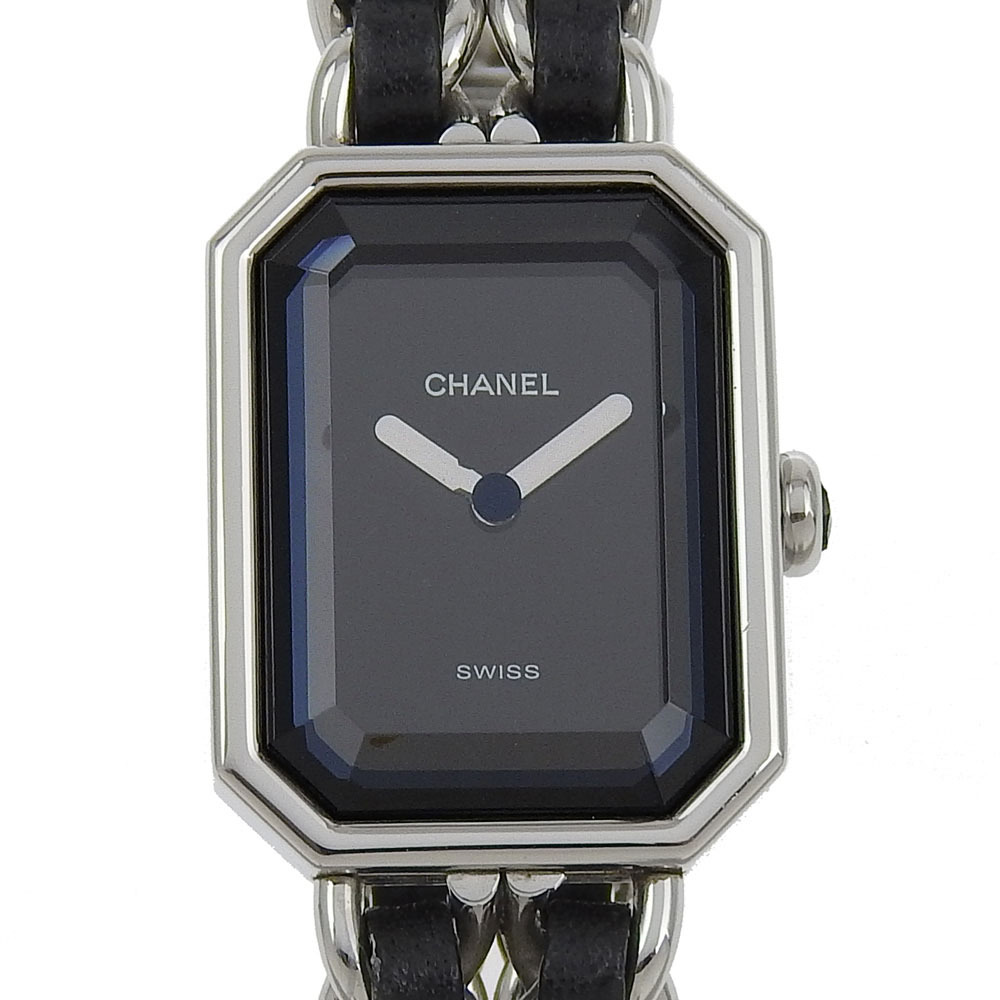 CHANEL シャネル プルミエールS 腕時計 SS×型押しレザー クオーツ アナログ表示 レディース 黒文字盤中古