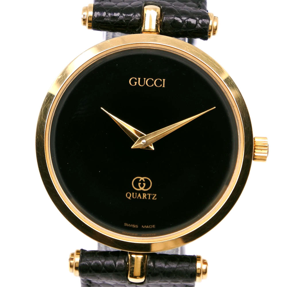GUCCI グッチ シェリー 腕時計 金メッキ×型押しレザー クオーツ アナログ表示 ボーイズ 黒文字盤中古