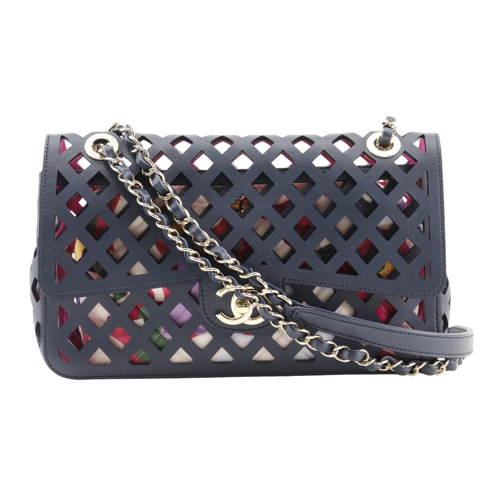 CHANEL シャネル チェーンショルダー パンチング AS2376 ショルダーバッグ カーフ 紺 レディース【I111525044】中古