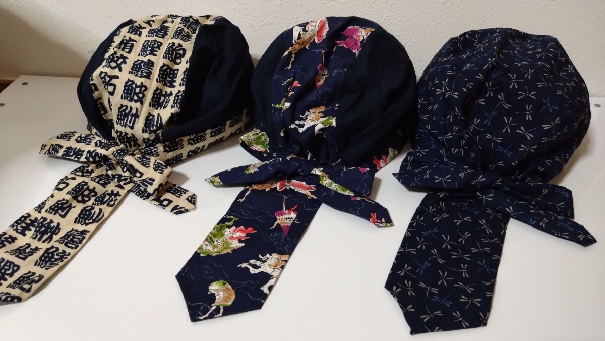★バンダナキャップ★ハンドメイド　まとめ売り　和柄　とんぼ　妖怪　紺　漢字　生成り