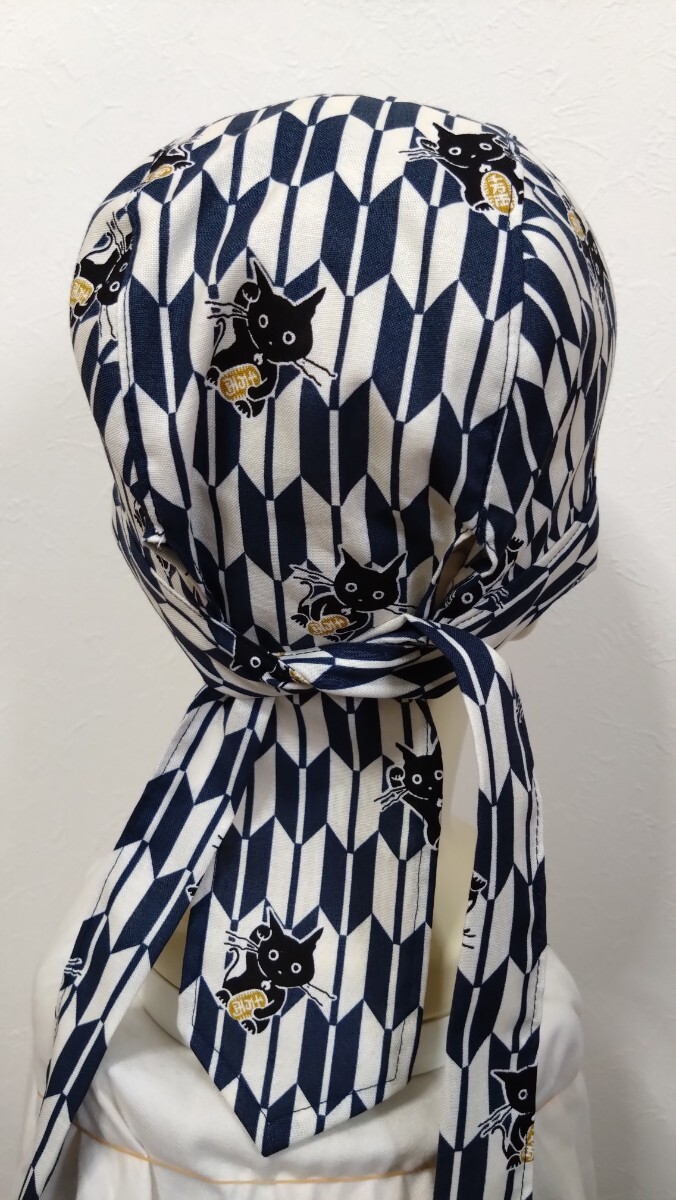★バンダナキャップ★ハンドメイド　和柄　矢絣＆黒ネコ　紺