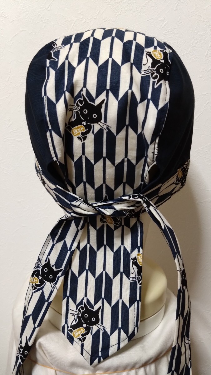 ★バンダナキャップ★ハンドメイド　和柄　矢絣×無地　黒ネコ　紺?