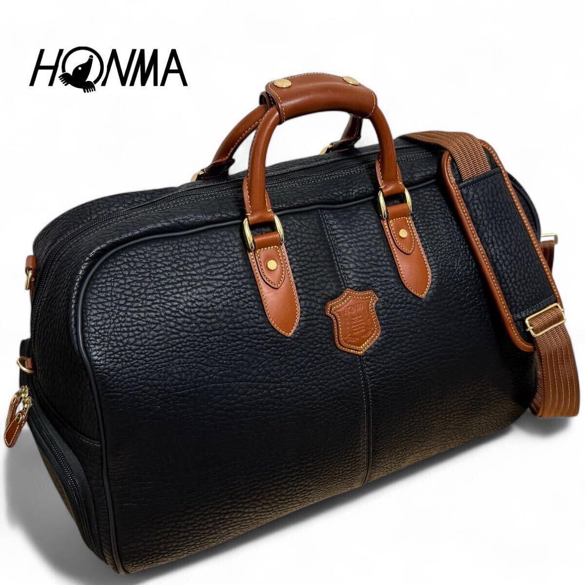 未使用級●定価4万 HONMA 本間ゴルフ ヘリテイジ 2way ボストンバッグ ゴルフバッグ ショルダー 大容量 レザー シボ革 ブラック 黒 メンズ