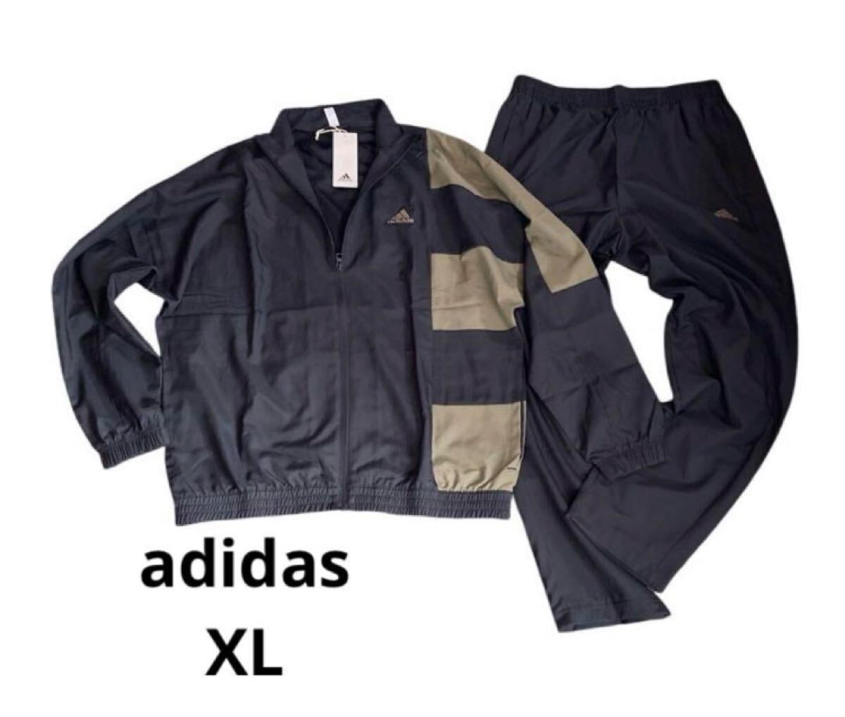 新品 正規品【adidas/アディダス】カラーブロック トラックスーツ ◆XL◆ブラック×カーキ◆薄手 ジャージ ウインドブレーカー