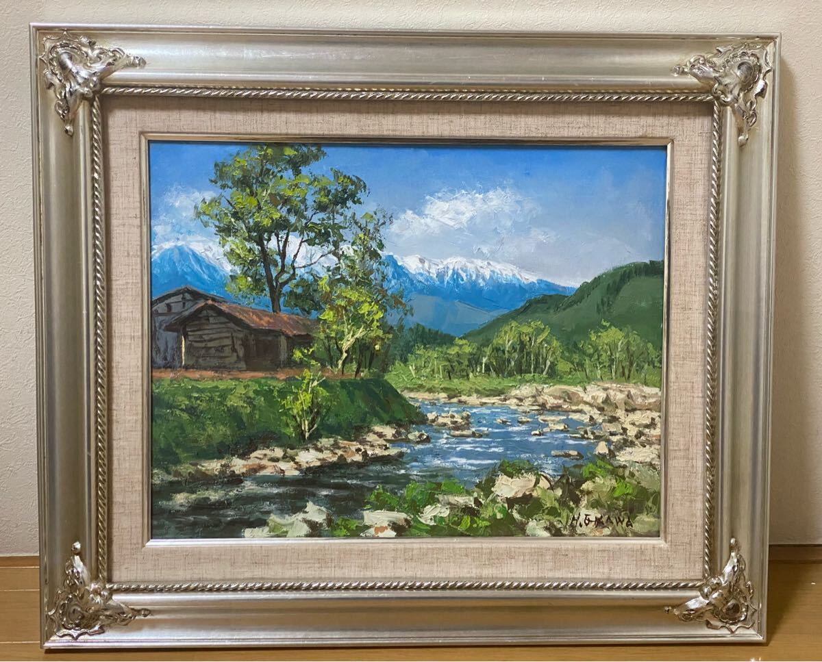 真作 油彩画 油絵 大川一 【伊那谷の木曽駒】 F6号 風景画