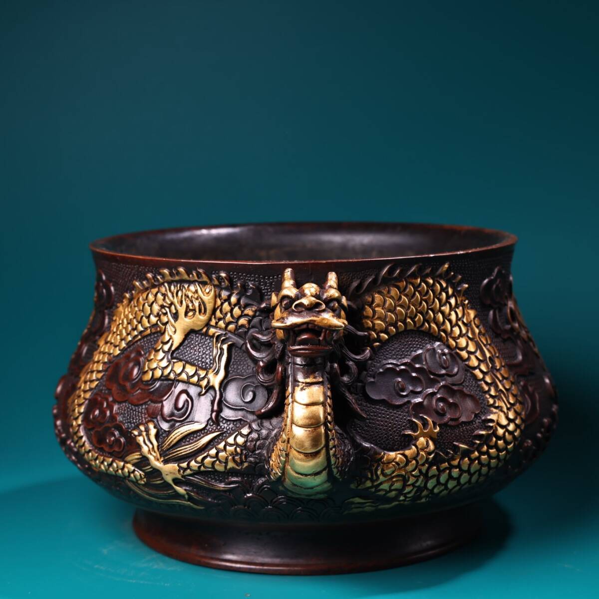 超珍館蔵】紫銅製 塗金 雙龍耳 熏香炉 置物 古賞物