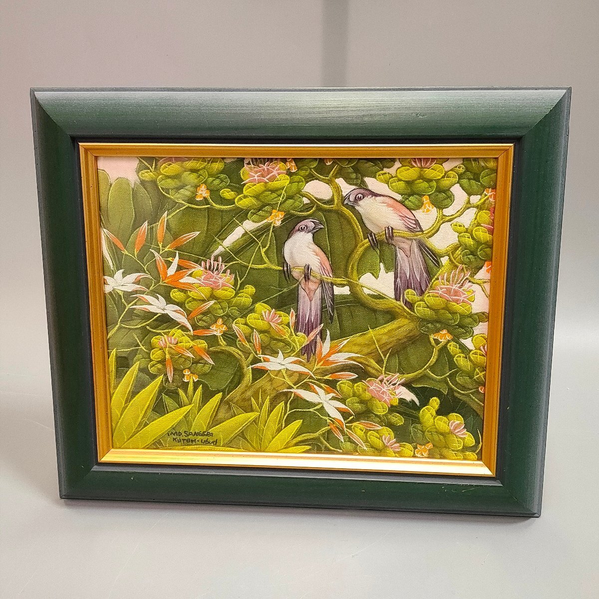 バリアート バリ絵画 Kutuh ubud 鳥 野鳥 自然 植物 風景 布地キャンバス 額装 21407/SR5S_画像1