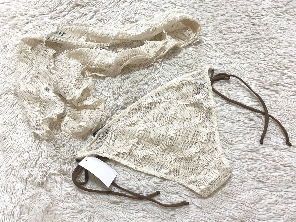 レディス水着9M:ミューラーン【Defilious】日本製◆シースルーメッシュクロシェ*重ね着*バンドゥビキニ*紐パンツ:ベージュ 定価:9,000税_画像6