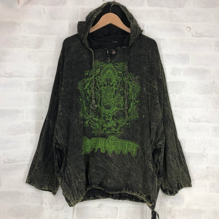 エスニック ヒンディー ガネーシャ柄 ネパール制 フーディ プルオーバー トップス SIZE: XL ブラック/グリーン MH632025020604